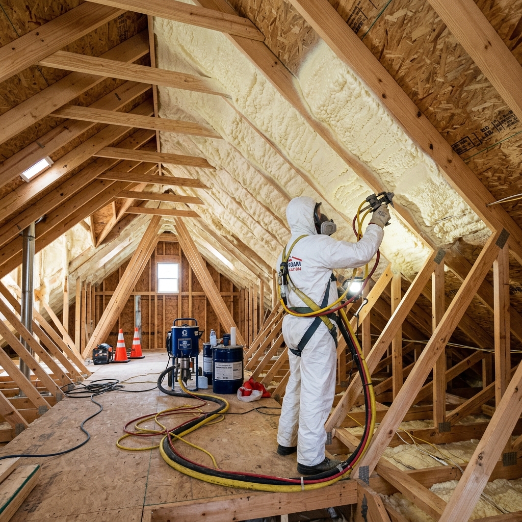Attic Spray Foam Insulation sealing rafters in Concord, NC
